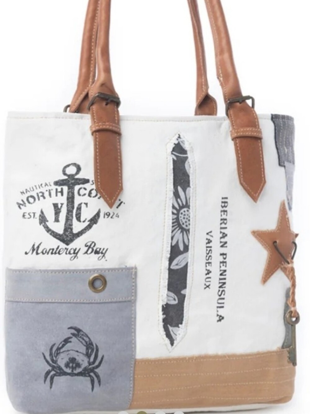 NWT Myra Bag Canvas Tote with Brown Leather Handles and Cream Body